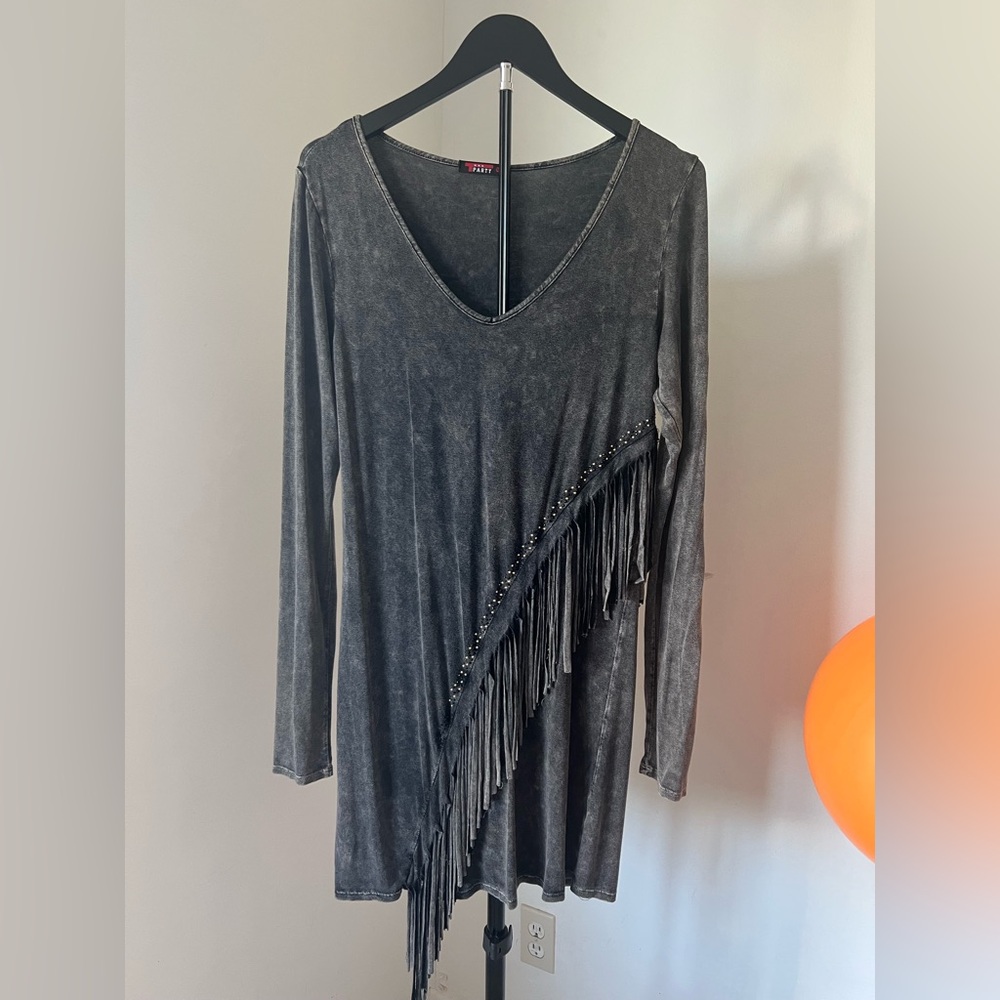 T-Party Charcoal Long Sleeve Fringe Dress with Studs - Size M - Picture 2 of 14